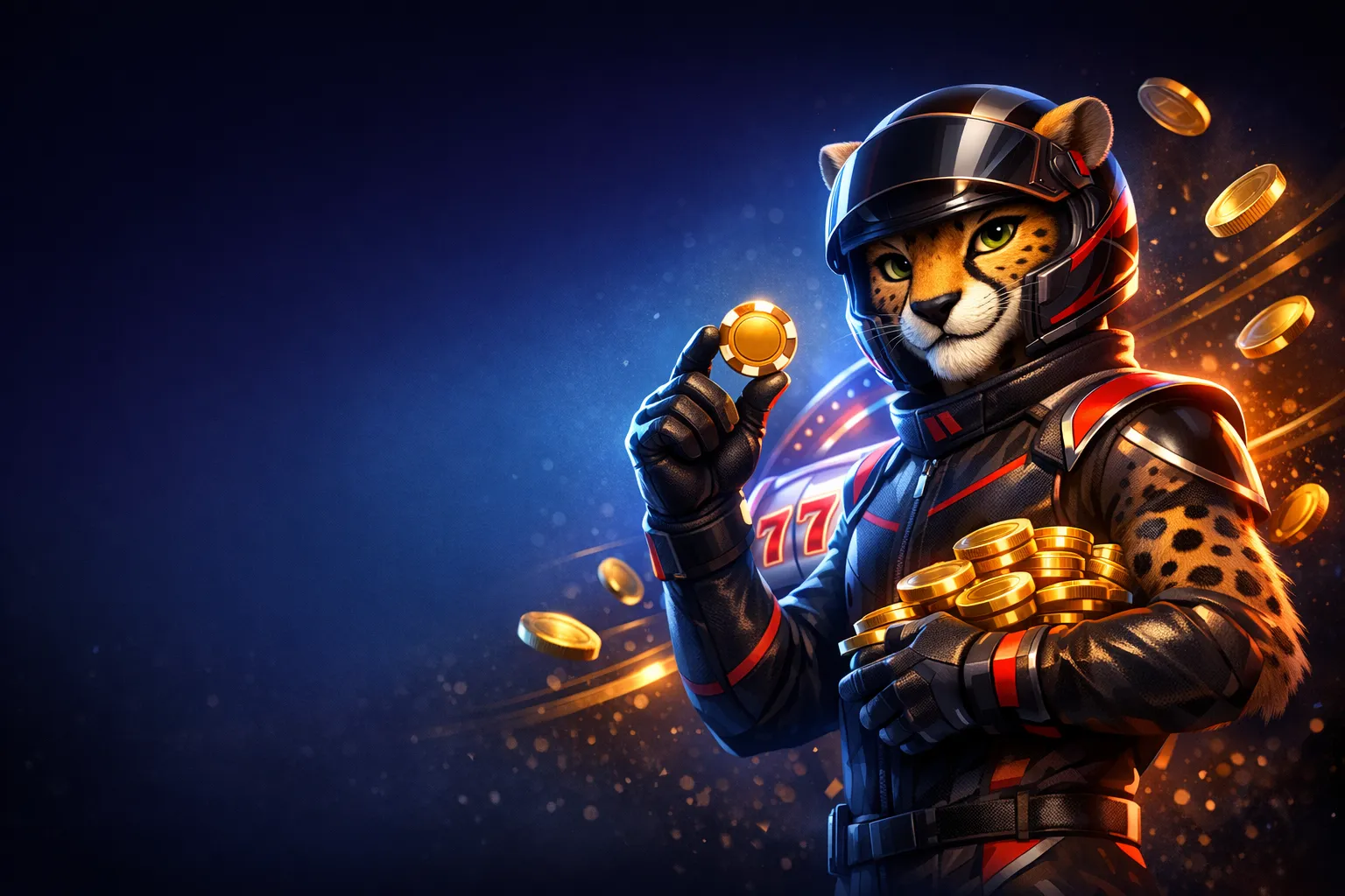 Cinematic 3D racing wheel glowing with golden light on deep navy background, premium casino bonus hero image for Need For Spi